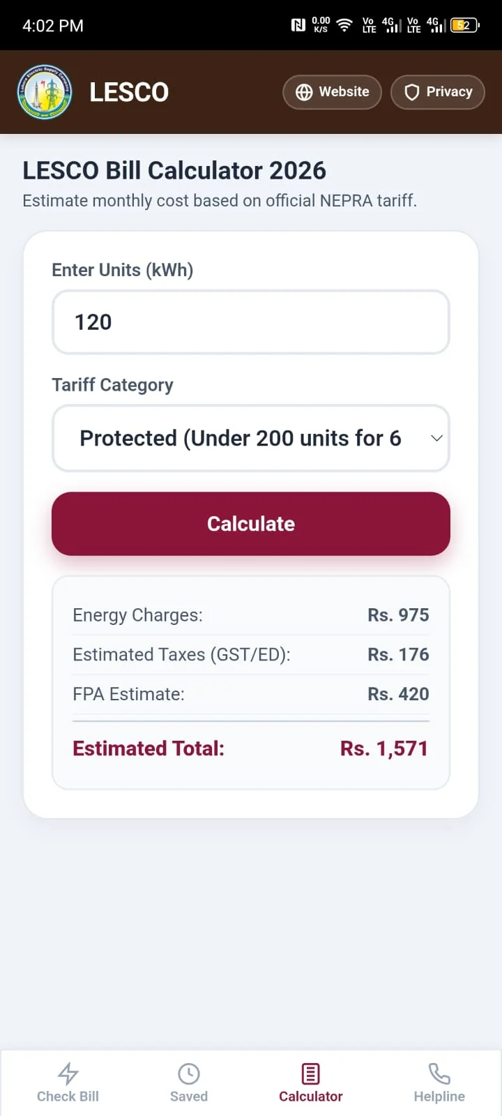 LESCO Bill Online App Offline Bill Calculator Screen