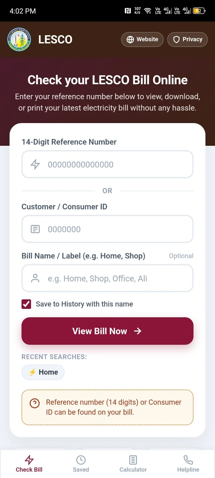 LESCO Bill Online App Check Duplicate Bill and Save Meter Screen